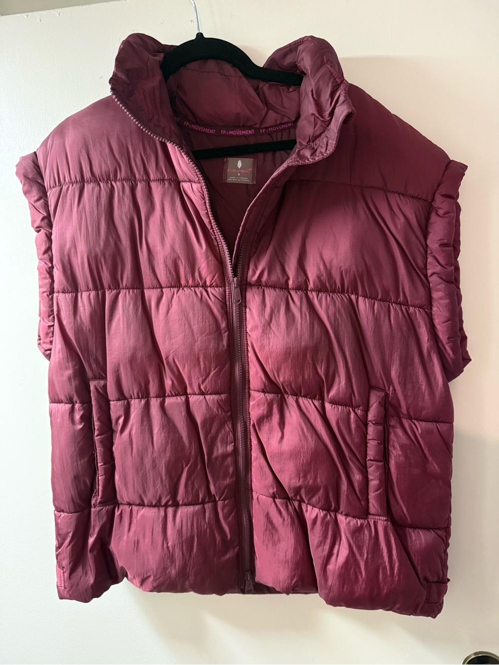 FP Movement by Free People Black Shiny Puffer Vest with Burgundy Layering